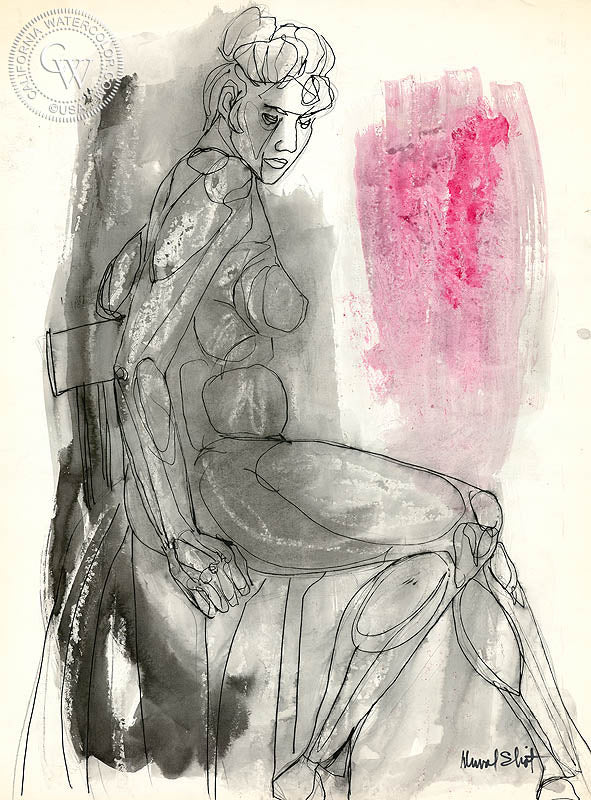 Figurative Nude #6, watercolor painting by Duval Eliot  (American art). Fine art giclée print reproduction by California Watercolor for wall decor.