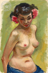 Nude with Red Flowers, 1949, art by Duval Eliot, California artist, Californiawatercolor.com