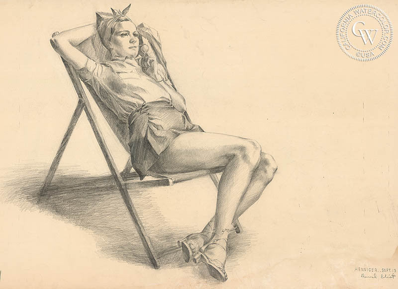 Relaxing in Chair, 1938, watercolor painting by Duval Eliot  (American art). Fine art giclée print reproduction by California Watercolor for wall decor.