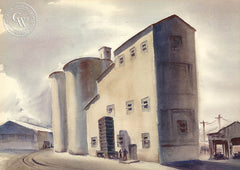 Storage Towers, San Joaquin Valley, 1936, art by Duval Eliot, California artist, Californiawatercolor.com