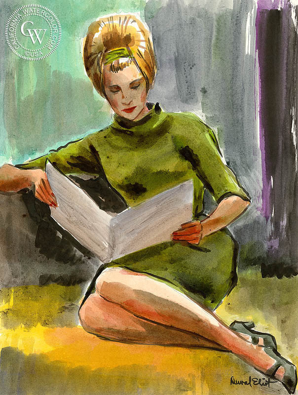 Studying, watercolor painting by Duval Eliot  (American art). Fine art giclée print reproduction by California Watercolor for wall decor.