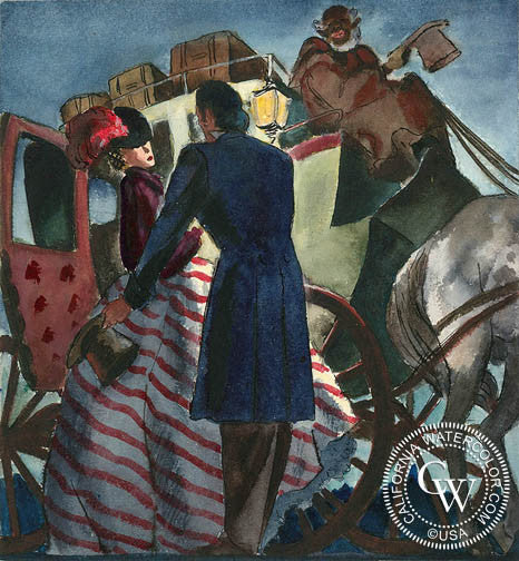 The Waiting Carriage, 1940, art by Duval Eliot, California artist, Californiawatercolor.com