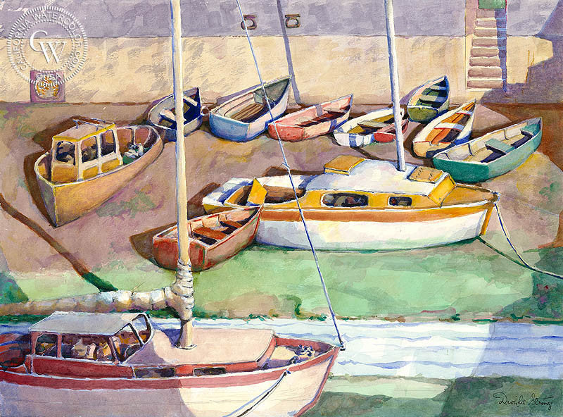 Boats on the Beach, watercolor painting by Dwight Strong  (American art). Fine art giclée print reproduction by California Watercolor for wall decor.