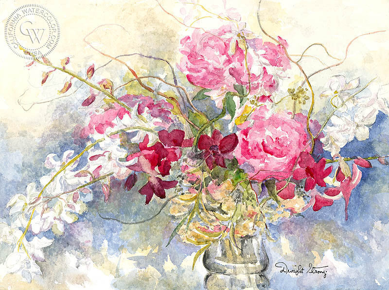 Flower Boquet, watercolor painting by Dwight Strong  (American art). Fine art giclée print reproduction by California Watercolor for wall decor.