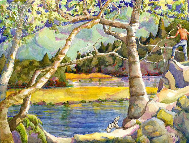 Lake Lagunitas, watercolor painting by Dwight Strong  (American art). Fine art giclée print reproduction by California Watercolor for wall decor.