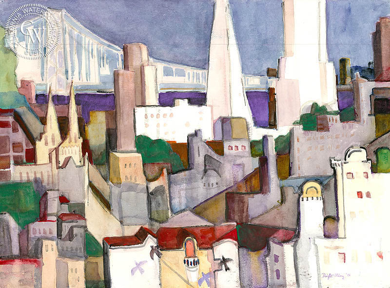 San Francisco from Russian Hill, 2001, watercolor painting by Dwight Strong  (American art). Fine art giclée print reproduction by California Watercolor for wall decor.