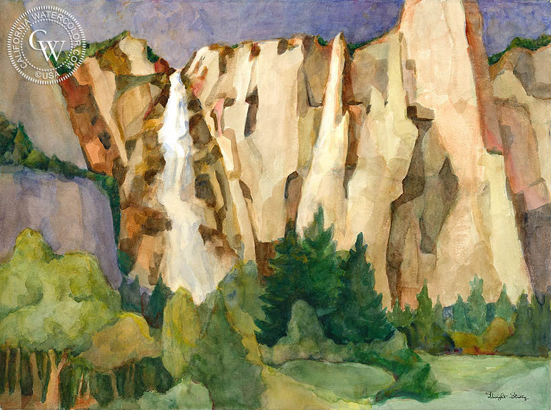 Yosemite Falls, watercolor painting by Dwight Strong  (American art). Fine art giclée print reproduction by California Watercolor for wall decor.