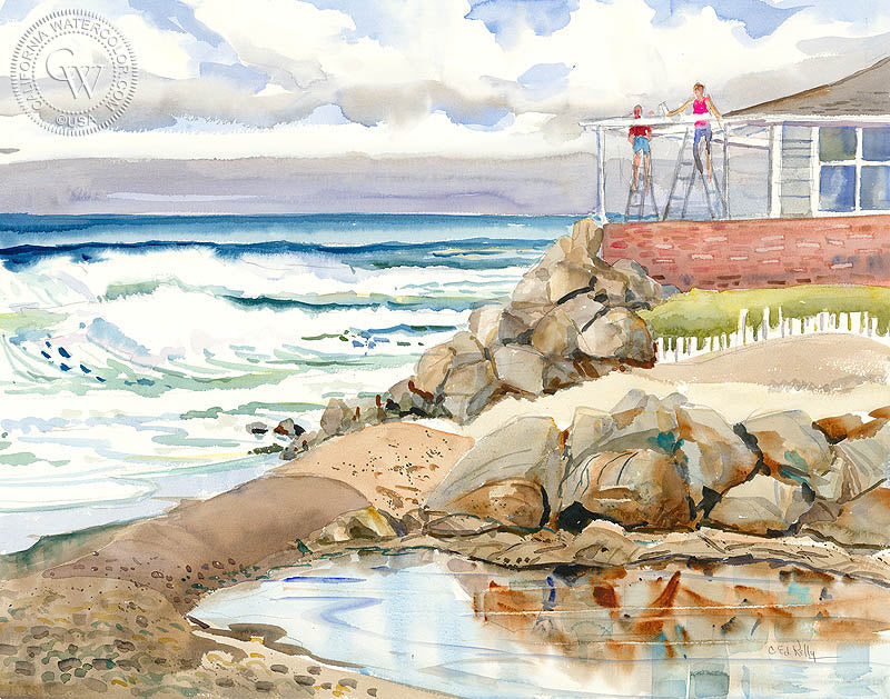 A New Coat, watercolor painting by Ed Kelly  (American art). Fine art giclée print reproduction by California Watercolor for wall decor.