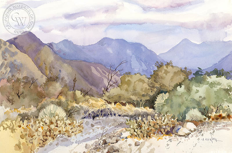 Palm Desert, California, watercolor painting by Ed Kelly  (American art). Fine art giclée print reproduction by California Watercolor for wall decor.