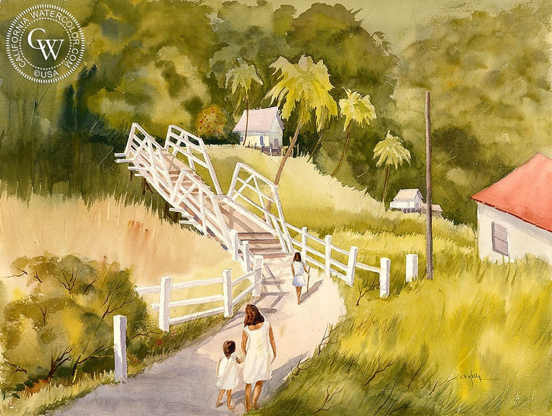 Afternoon Walk, Hawaii, watercolor painting by Ed Kelly  (American art). Fine art giclée print reproduction by California Watercolor for wall decor.