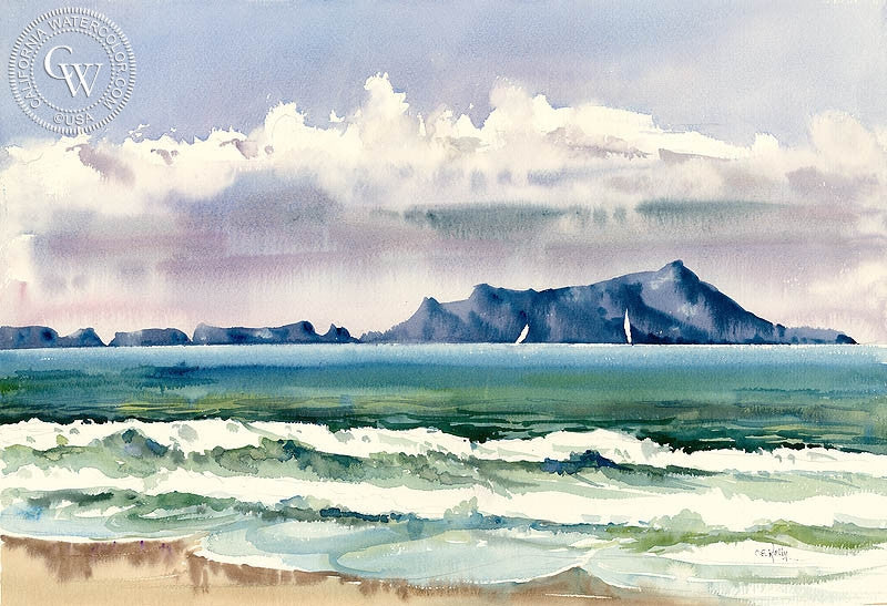 Anacapa Islands, CA, watercolor painting by Ed Kelly  (American art). Fine art giclée print reproduction by California Watercolor for wall decor.