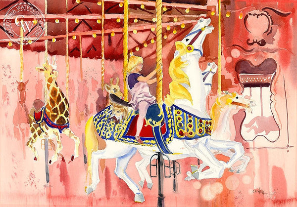 Seaport Village Carousel, California art by Ed Kelly. HD giclee art prints for sale at CaliforniaWatercolor.com - original California paintings, & premium giclee prints for sale