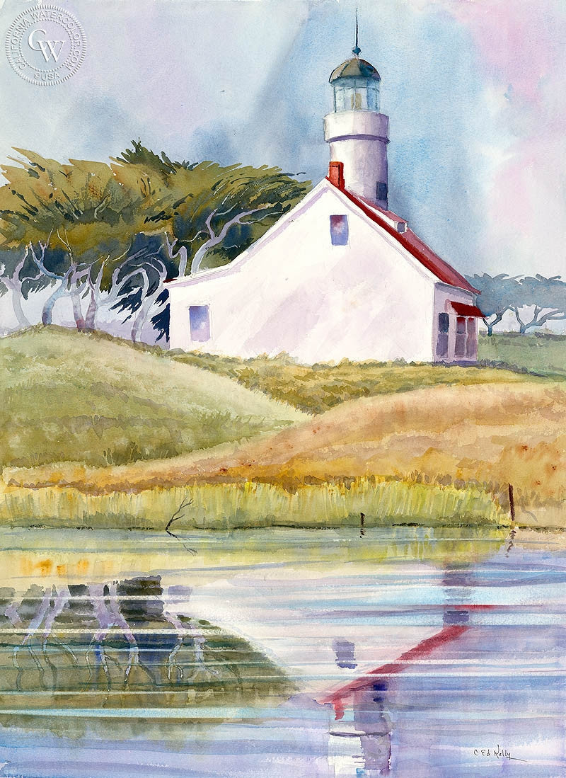 Carmel Lighthouse, watercolor painting by Ed Kelly  (American art). Fine art giclée print reproduction by California Watercolor for wall decor.