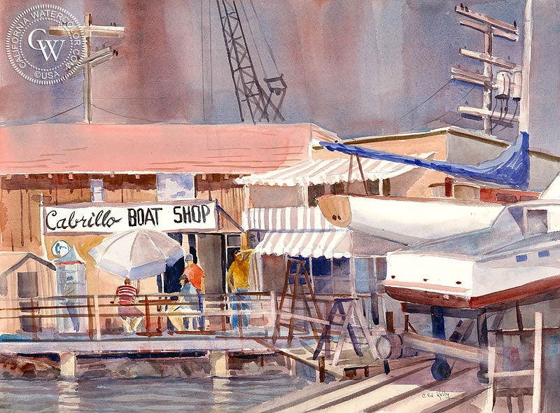 Long Beach Harbor, watercolor painting by Ed Kelly  (American art). Fine art giclée print reproduction by California Watercolor for wall decor.