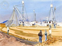 Mending Nets, San Pedro Harbor, California art by Ed Kelly. HD giclee art prints for sale at CaliforniaWatercolor.com - original California paintings, & premium giclee prints for sale