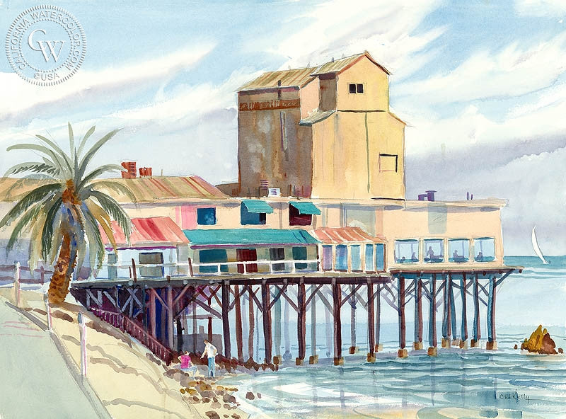 Monterey Pier, watercolor painting by Ed Kelly  (American art). Fine art giclée print reproduction by California Watercolor for wall decor.