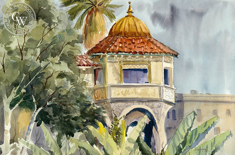 Pasadena Train Station, watercolor painting by Ed Kelly  (American art). Fine art giclée print reproduction by California Watercolor for wall decor.