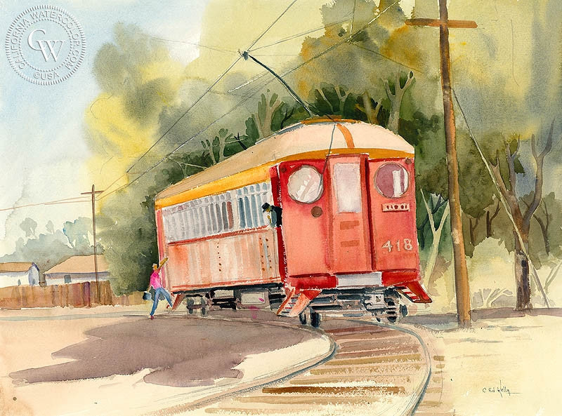 Redlands Trolley, watercolor painting by Ed Kelly  (American art). Fine art giclée print reproduction by California Watercolor for wall decor.