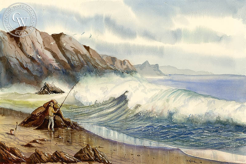 Surf Fisherman, 1976, watercolor painting by Ed Kelly  (American art). Fine art giclée print reproduction by California Watercolor for wall decor.
