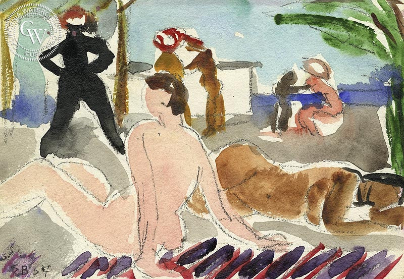 Bathers, 1967, watercolor painting by Elmer Bischoff  (American art). Fine art giclée print reproduction by California Watercolor for wall decor.