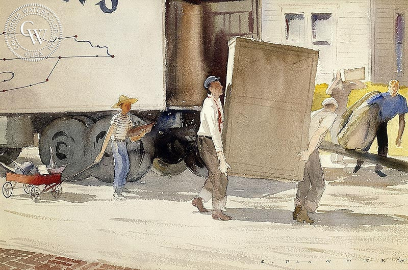 Moving Day, 1935, watercolor painting by Elmer Plummer  (American art). Fine art giclée print reproduction by California Watercolor for wall decor.
