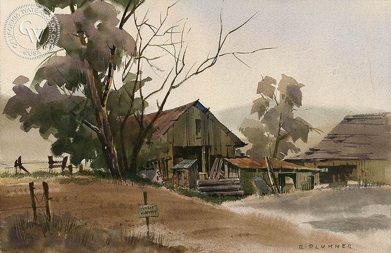 Private Property, watercolor painting by Elmer Plummer  (American art). Fine art giclée print reproduction by California Watercolor for wall decor.