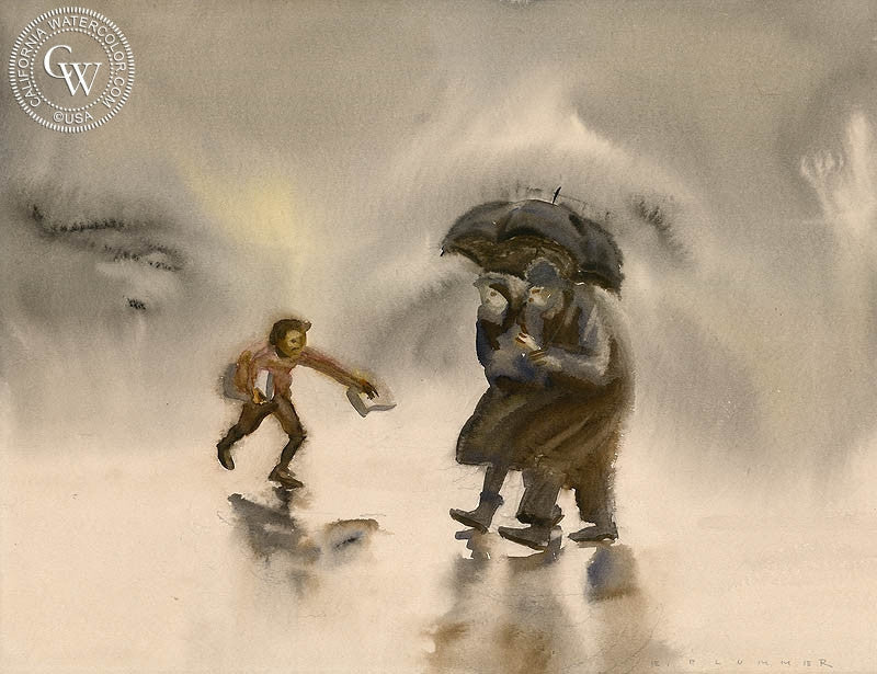Rainy Day, watercolor painting by Elmer Plummer  (American art). Fine art giclée print reproduction by California Watercolor for wall decor.
