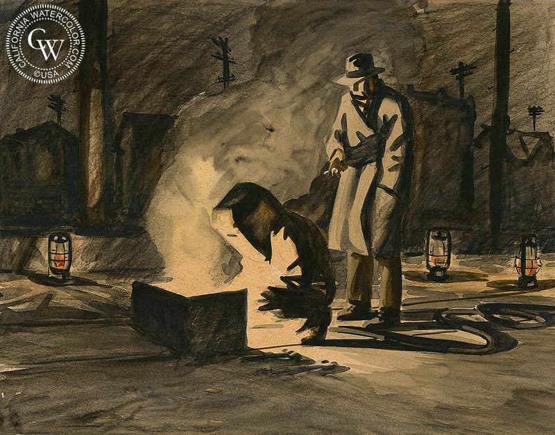 The Spectre, 1933, watercolor painting by Elmer Plummer  (American art). Fine art giclée print reproduction by California Watercolor for wall decor.