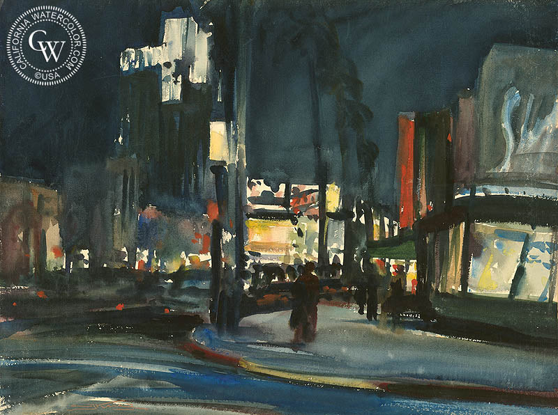 Wilshire Boulevard at Night, watercolor painting by Emil Kosa Jr.  (American art). Fine art giclée print reproduction by California Watercolor for wall decor.