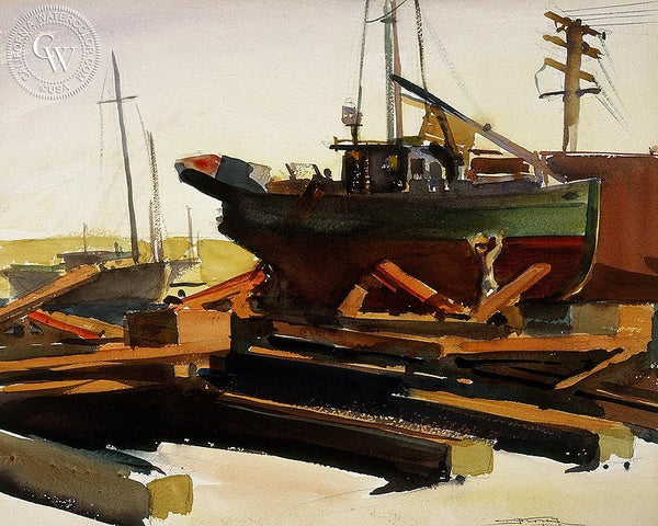 Boatyard, California art by Emil Kosa Jr.. HD giclee art prints for sale at CaliforniaWatercolor.com - original California paintings, & premium giclee prints for sale