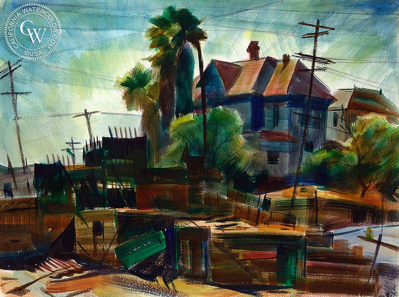 Bunker Hill, watercolor painting by Emil Kosa Jr.  (American art). Fine art giclée print reproduction by California Watercolor for wall decor.