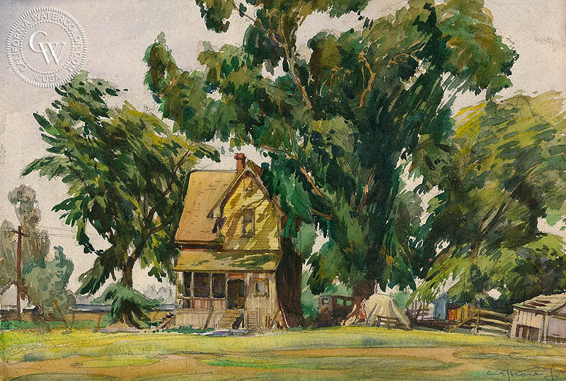 California Homestead, c. 1930s, watercolor painting by Emil Kosa Jr.  (American art). Fine art giclée print reproduction by California Watercolor for wall decor.