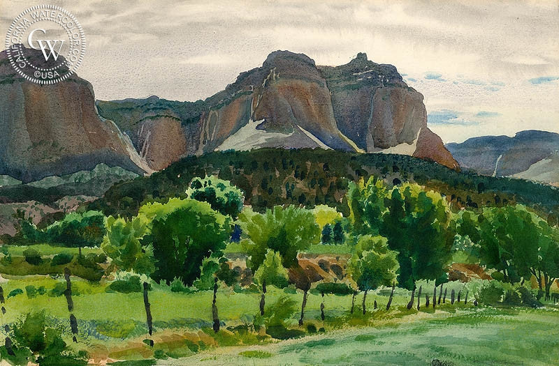 Kanab Cliffs, watercolor painting by Emil Kosa Jr.  (American art). Fine art giclée print reproduction by California Watercolor for wall decor.