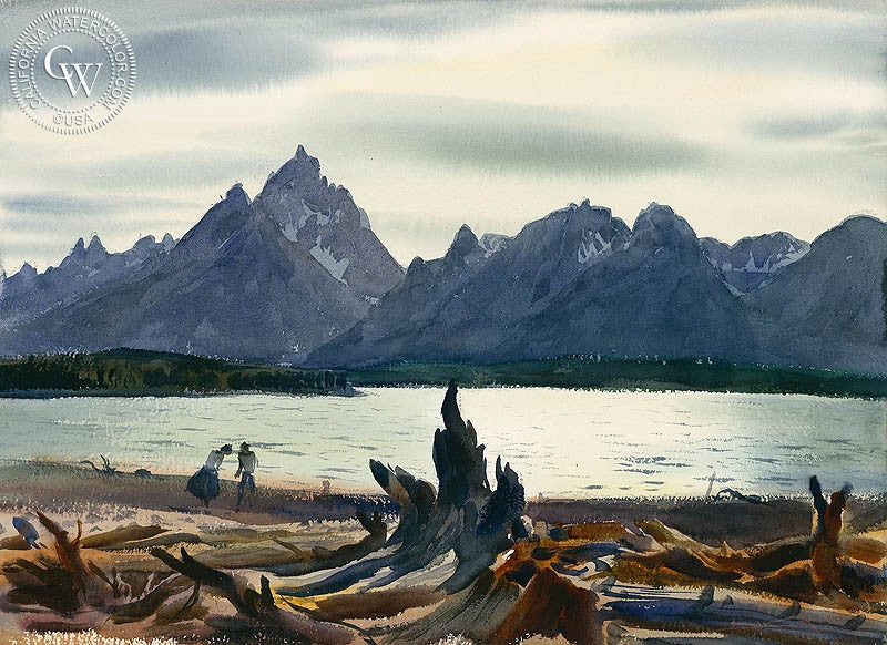 Mountain Lake, c. 1930s, watercolor painting by Emil Kosa Jr.  (American art). Fine art giclée print reproduction by California Watercolor for wall decor.