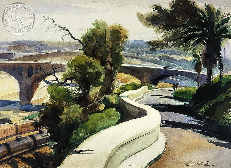 Romantic Bridges, 1948, watercolor painting by Emil Kosa Jr.  (American art). Fine art giclée print reproduction by California Watercolor for wall decor.