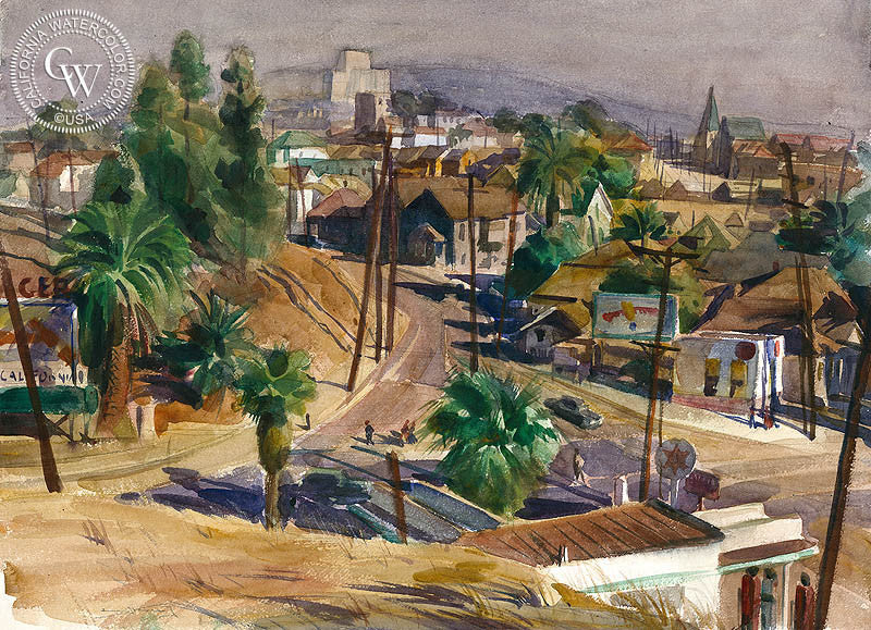 Welcome to California, c. 1940s, watercolor painting by Emil Kosa Jr.  (American art). Fine art giclée print reproduction by California Watercolor for wall decor.