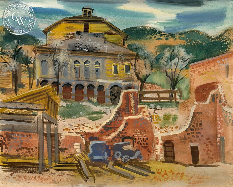 Adobe Wall, watercolor painting by Erle Loran  (American art). Fine art giclée print reproduction by California Watercolor for wall decor.