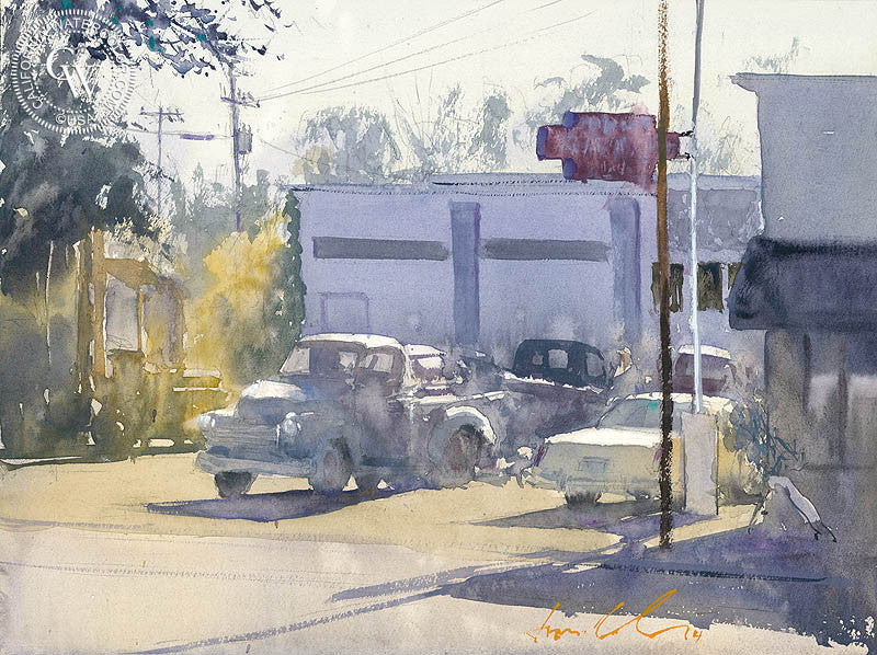 Claasen's Radiator Service, watercolor painting by Frank Eber (American art). Original watercolor painting by California Watercolor for wall decor.