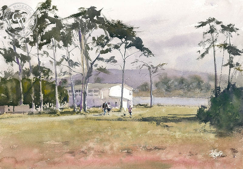 Lunchtime Walk, Morro Bay, watercolor painting by Frank Eber (American art). Original watercolor painting by California Watercolor for wall decor.