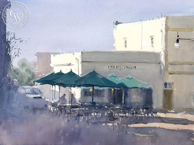 The Early Meeting, Orange, CA, watercolor painting by Frank Eber (American art). Original watercolor painting by California Watercolor for wall decor.
