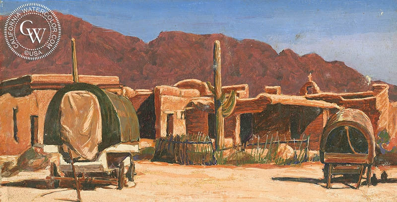 Adobe with Wagons, watercolor painting by Frank J. Gavencky  (American art). Fine art giclée print reproduction by California Watercolor for wall decor.