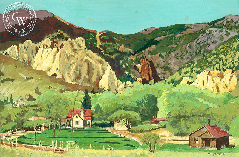 Homestead, watercolor painting by Frank J. Gavencky  (American art). Fine art giclée print reproduction by California Watercolor for wall decor.