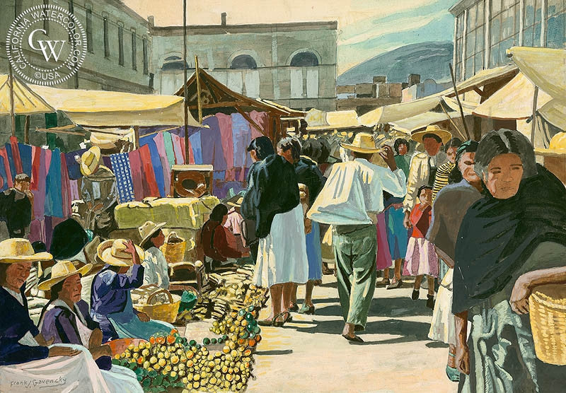 Mexican Market, watercolor painting by Frank J. Gavencky  (American art). Fine art giclée print reproduction by California Watercolor for wall decor.
