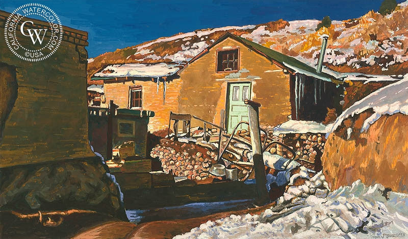 Santa Fe, c. 1940s, watercolor painting by Frank J. Gavencky  (American art). Fine art giclée print reproduction by California Watercolor for wall decor.