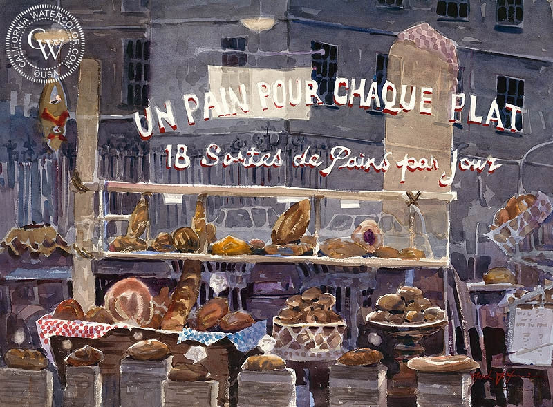 Petit Dejeuner, watercolor painting by Frank LaLumia  (American art). Fine art giclée print reproduction by California Watercolor for wall decor.