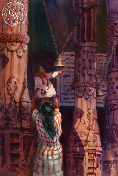 Ring the Temple Bells, Durga Temple, Varanasi India, California art by Frank LaLumia. HD giclee art prints for sale at CaliforniaWatercolor.com - original California paintings, & premium giclee prints for sale