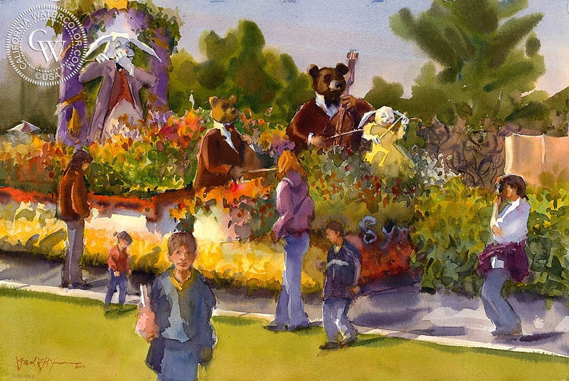 Rose Bowl Parade, watercolor painting by Frank LaLumia  (American art). Fine art giclée print reproduction by California Watercolor for wall decor.
