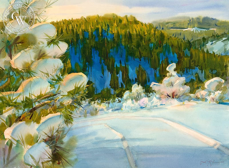 Snow in the Foothills, watercolor painting by Frank LaLumia  (American art). Fine art giclée print reproduction by California Watercolor for wall decor.
