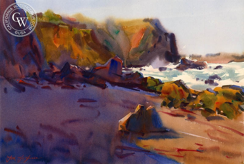 Sunrise on the Sonoma Coast, watercolor painting by Frank LaLumia  (American art). Fine art giclée print reproduction by California Watercolor for wall decor.