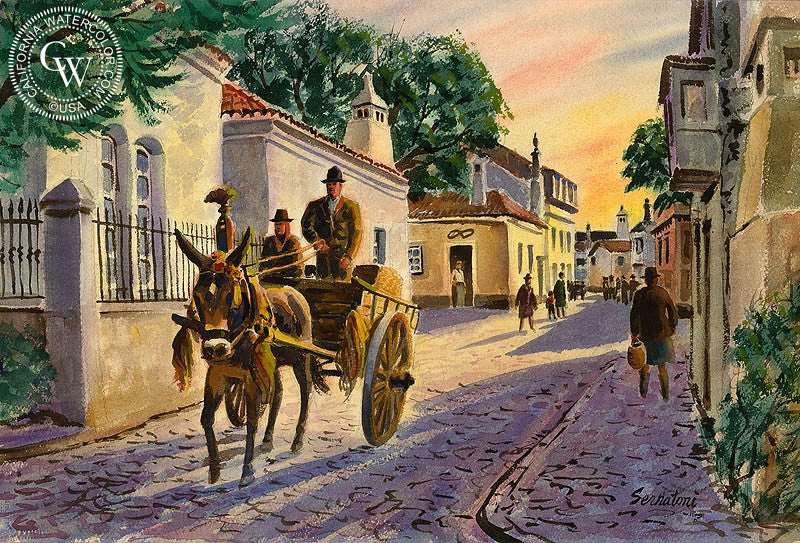 Portugal, watercolor painting by Frank Serratoni  (American art). Fine art giclée print reproduction by California Watercolor for wall decor.